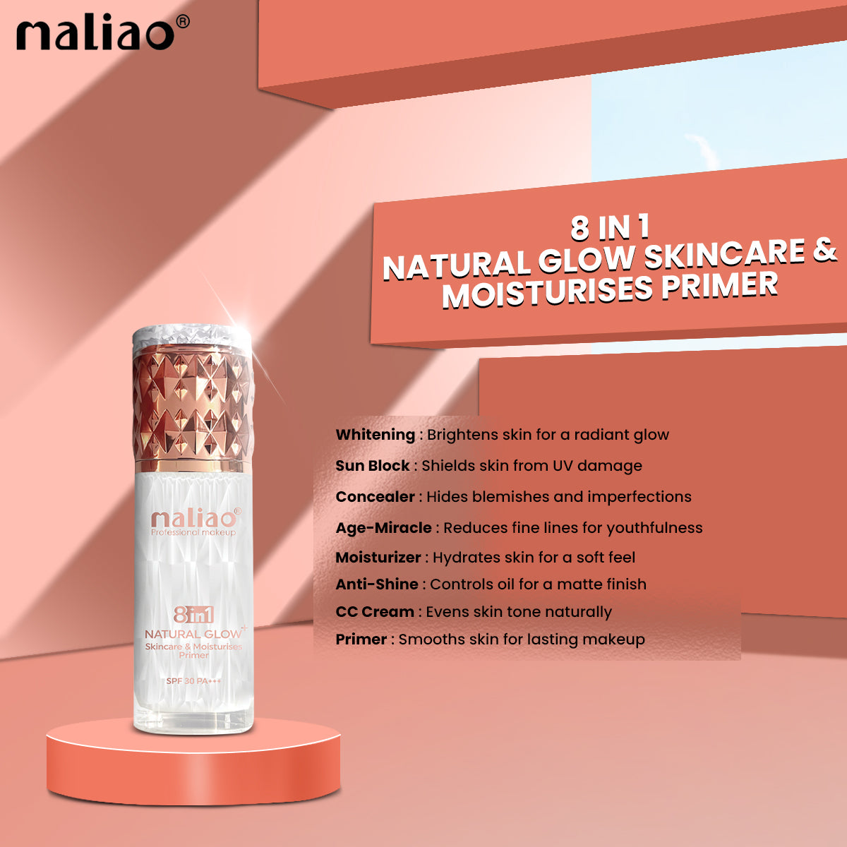 Maliao Natural Glow+ Primer - Skincare & Moisturizing Base with SPF 30 PA+++ Face